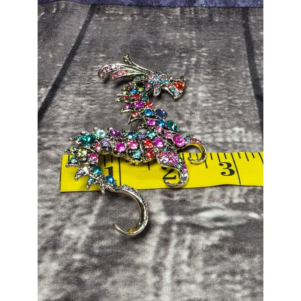 Multicolor Rhinestone Dragon Brooch Antique‎ Gold Tone Crystal Mythical Pin 4 In